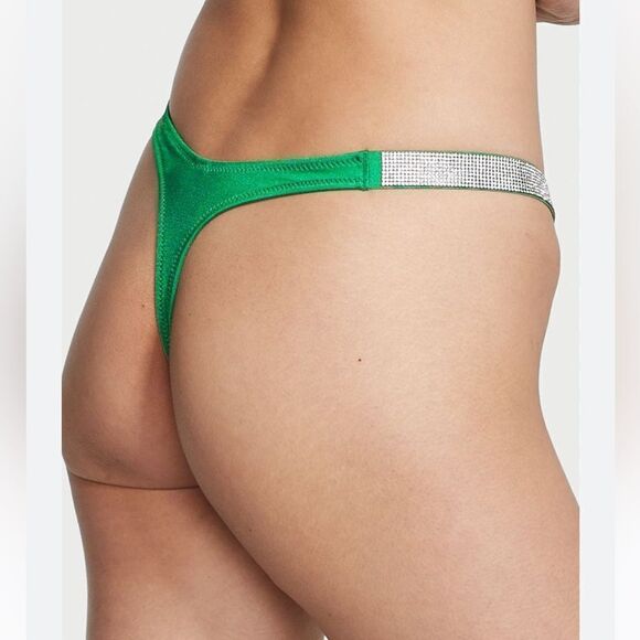 Victorias Secret Swim Rhinestone Shine Strap Thong Bikini Bottoms Verdant Green - Picture 3 of 6
